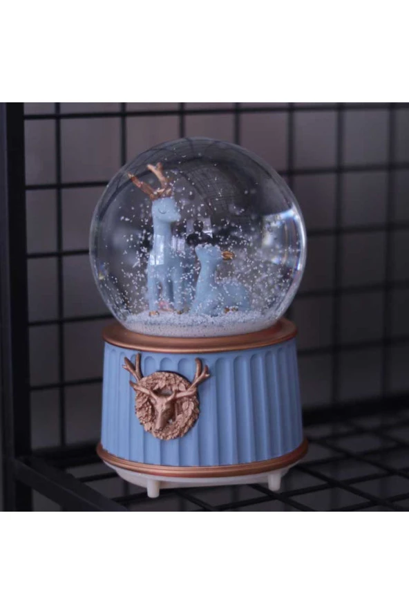 BY-LAMP Mavi Yılbaşı Geyikleri Işıklı ve Müzikli Kar Küresi