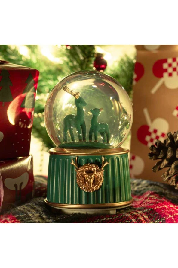 BY-LAMP Yeşil Yılbaşı Geyikleri Işıklı ve Müzikli Kar Küresi