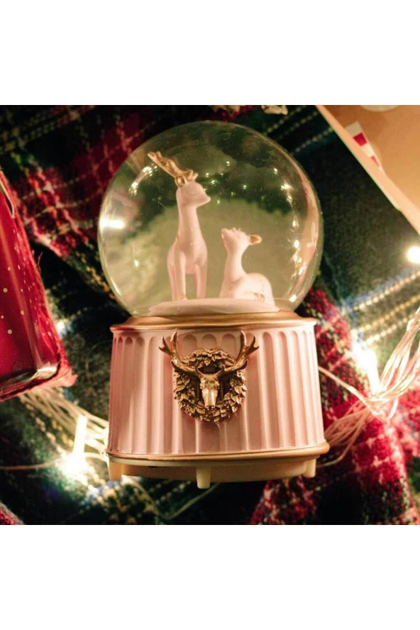 BY-LAMP Pembe Yılbaşı Geyikleri Işıklı ve Müzikli Kar Küresi - 2