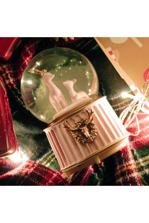 BY-LAMP Pembe Yılbaşı Geyikleri Işıklı ve Müzikli Kar Küresi - 3