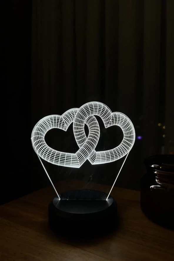 BY-LAMP Sevgiliye Hediye. Iki Kalp Figürlü Led Masa Lambası | Günışığı Renk | Ahşap Antrasit Taban
