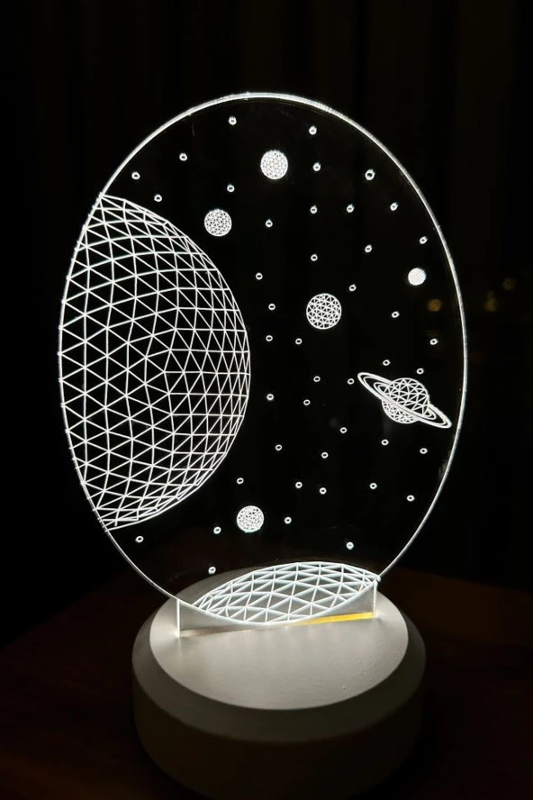 BY-LAMP Galaxy Saturn Figürlü Led Masa Lambası | Gün Işığı Renk | Ahşap Beyaz Taban