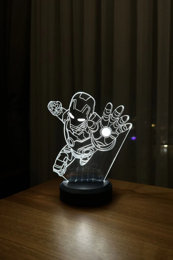 BY-LAMP Iron Man Figürlü Led Masa Lambası | Günışığı Renk | Ahşap Antrasit Taban