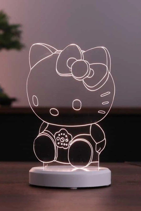BY-LAMP Hello Kitty Pilli Gece Lambası | Günışığı Renk | Ahşap Beyaz Taban