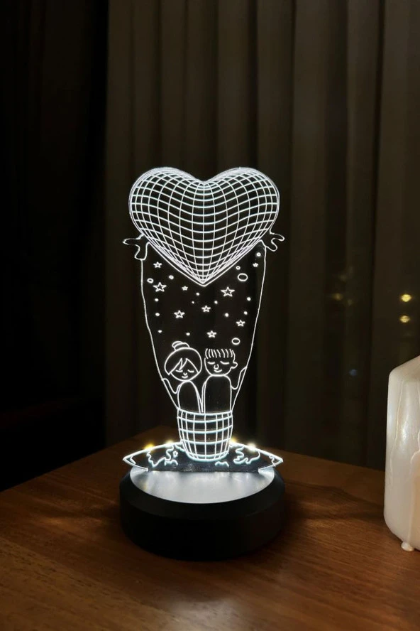 BY-LAMP Sevgiliye Özel Hediye. Aşk Balonu Figürlü Led Masa Lambası | Gün Işığı Renk | Ahşap Antrasit Taban