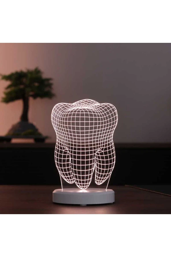 BY-LAMP Diş Figürlü Dekoratif Hediye Led Masa Lambası | Günışığı Renk | Ahşap Beyaz Taban