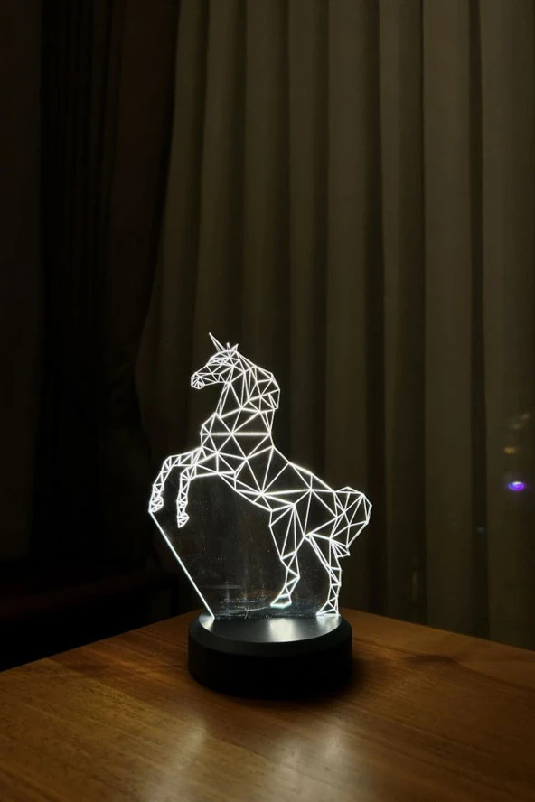 BY-LAMP Unicorn Figürlü Led Gece Lambası | Gün Işığı Renk | Ahşap Antrasit Taban