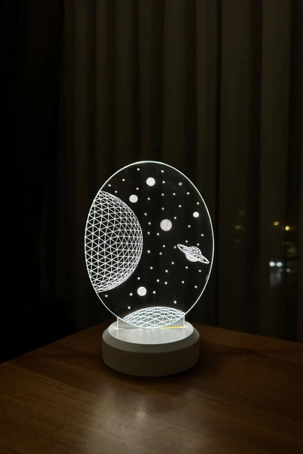BY-LAMP Galaxy Saturn Figürlü Led Masa Lambası | Gün Işığı Renk | Ahşap Beyaz Taban - Resim 2