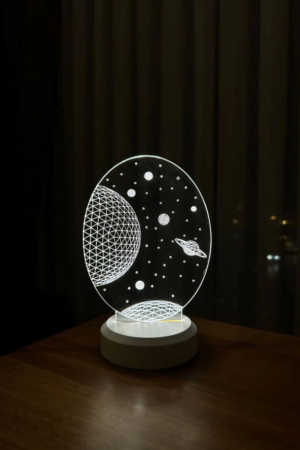 BY-LAMP Galaxy Saturn Figürlü Led Masa Lambası | Gün Işığı Renk | Ahşap Beyaz Taban - Resim 3