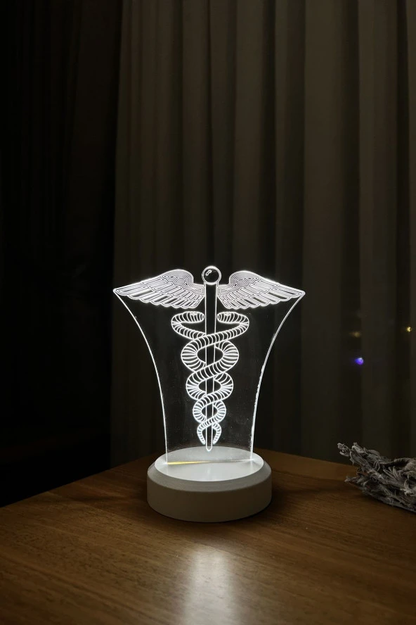 BY-LAMP Doktora Hediye. Tıp Sembolü Figürlü Led Masa Lambası | Günışığı Renk | Ahşap Beyaz Taban