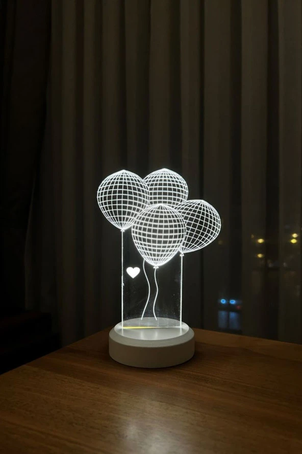 BY-LAMP Balon Figürlü Led Masa Lambası | Günışığı Renk | Ahşap Beyaz Taban