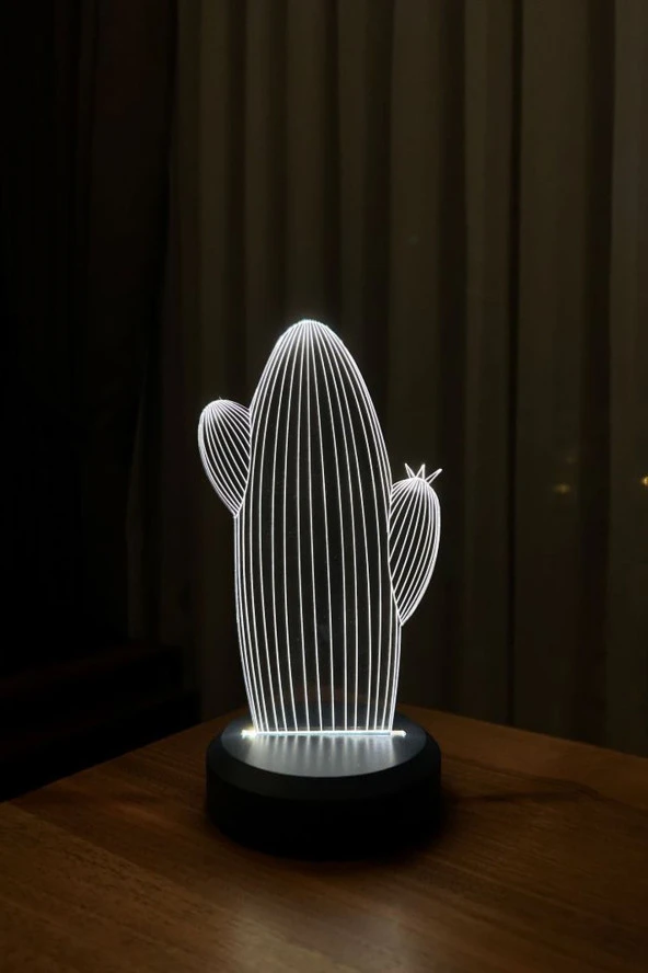 BY-LAMP Kaktüs Figürlü Led Gece Lambası | Günışığı Renk | Ahşap Antrasit Taban