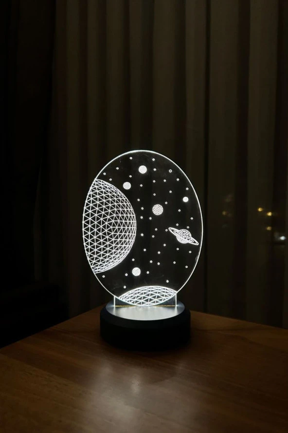 BY-LAMP Galaxy Saturn Figürlü Led Masa Lambası | Gün Işığı Renk | Ahşap Antrasit Taban