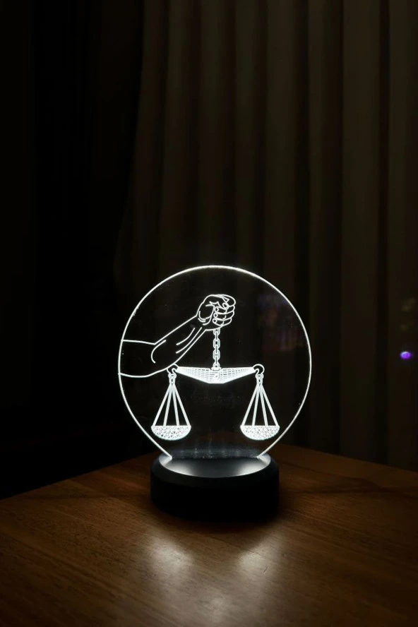 BY-LAMP Avukata Özel Hediye. Adalet Terazisi Figürlü Led Masa Lambası | Günışığı Renk | Ahşap Antrasit Taban