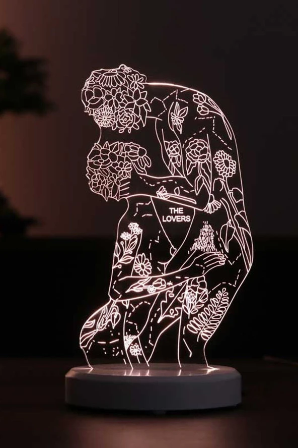 BY-LAMP Sevgiliye Hediye. The Lovers Figürlü Led Masa Lambası | Gün Işığı Renk | Ahşap Beyaz Taban