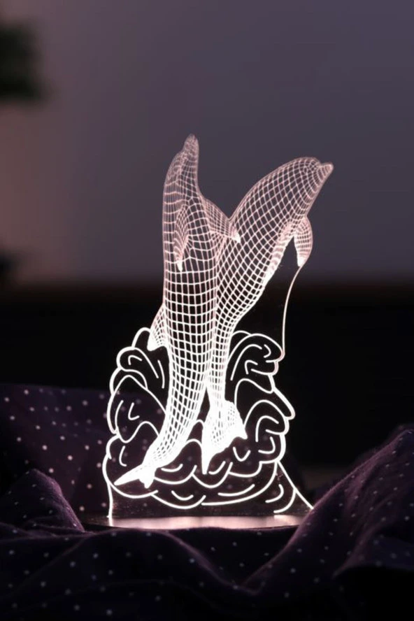 BY-LAMP Çift Yunus Figürlü Led Masa Lambası | Günışığı Renk | Ahşap Antrasit Taban