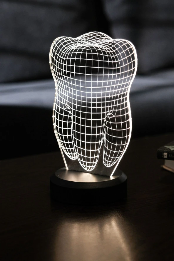 BY-LAMP Diş Figürlü Dekoratif Hediye Led Masa Lambası | Günışığı Renk | Ahşap Antrasit Taban