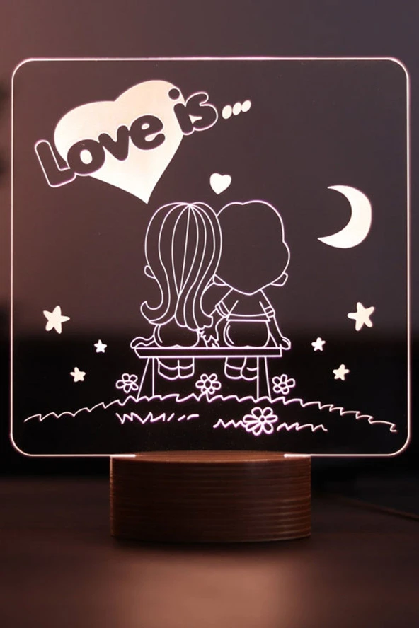 BY-LAMP Love Is Figürlü Dekoratif Hediye Led Masa Lambası | 7 Işık Rengi | Ahşap Taban