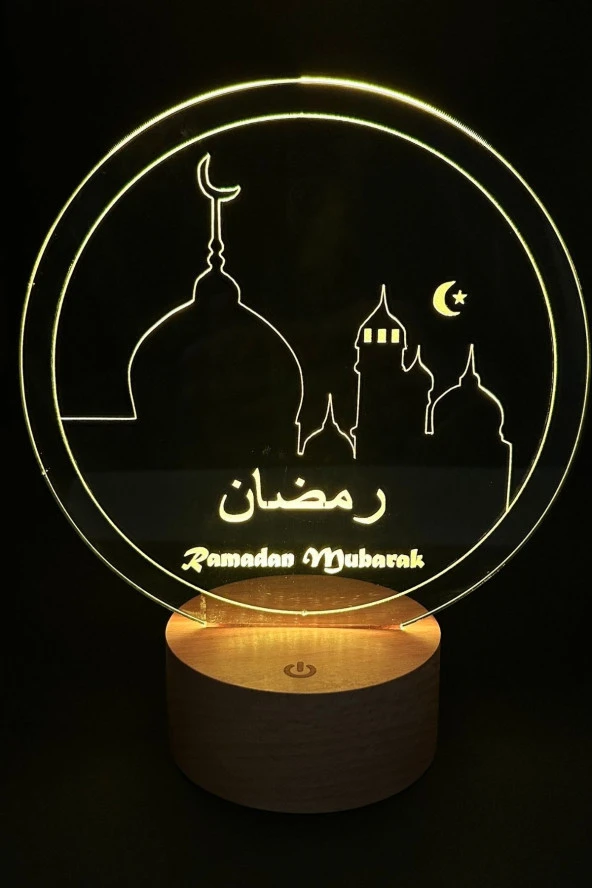 BY-LAMP Ramadan Mubarak Figürlü Dekoratif Hediye Led Masa Lambası | 7 Işık Rengi | Ahşap Taban