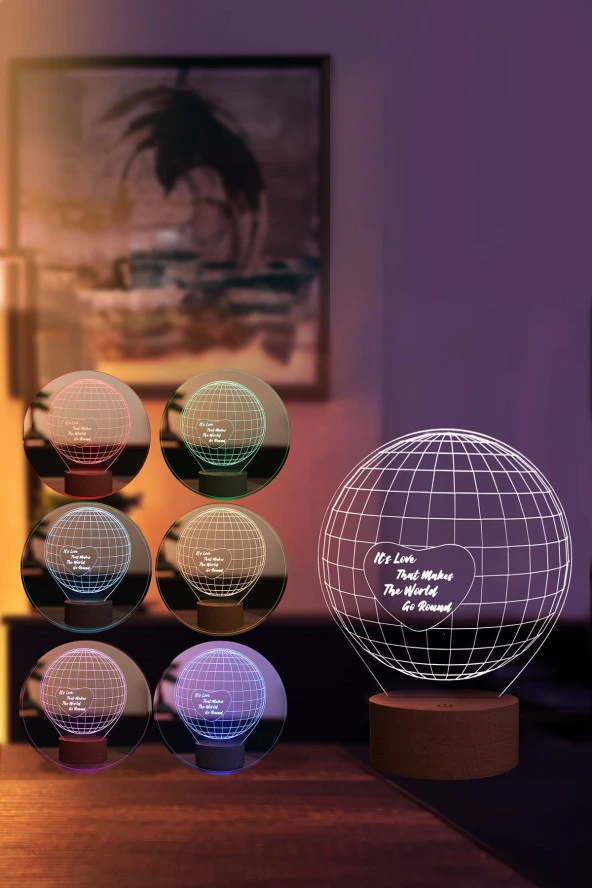 BY-LAMP Dünya Ve Kalp Figürlü Dekoratif Hediye Led Masa Lambası | 7 Işık Rengi | Ahşap Taban - Resim 2