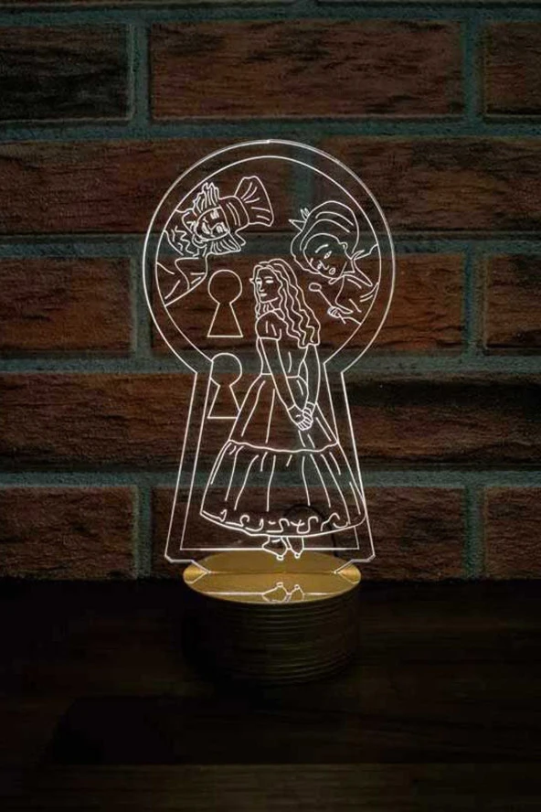BY-LAMP Alice In Wonderland Led Masa Lambası Ahşap Taban 7 Farklı Işık Renkli Dekoratif Aydınlatma