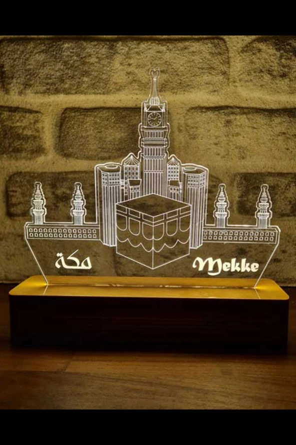 BY-LAMP Mekke Saat Kulesi Figürlü Dekoratif Hediye Led Masa Lambası | Günışığı Renk | Ahşap Taban ürün görseli 1