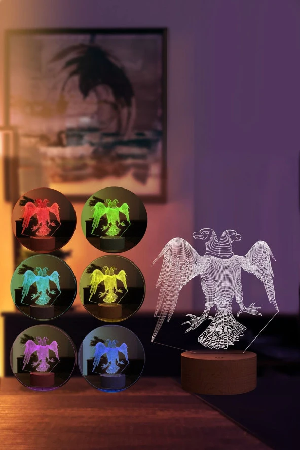 BY-LAMP Çift Başlı Kartal Figürlü Dekoratif Hediye Led Masa Lambası | 7 Işık Rengi | Ahşap Taban - Resim 2