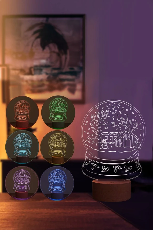 BY-LAMP Kış Masalı Karlı Ev Figürlü Dekoratif Hediye Led Masa Lambası | 7 Işık Rengi | Ahşap Taban - Resim 2