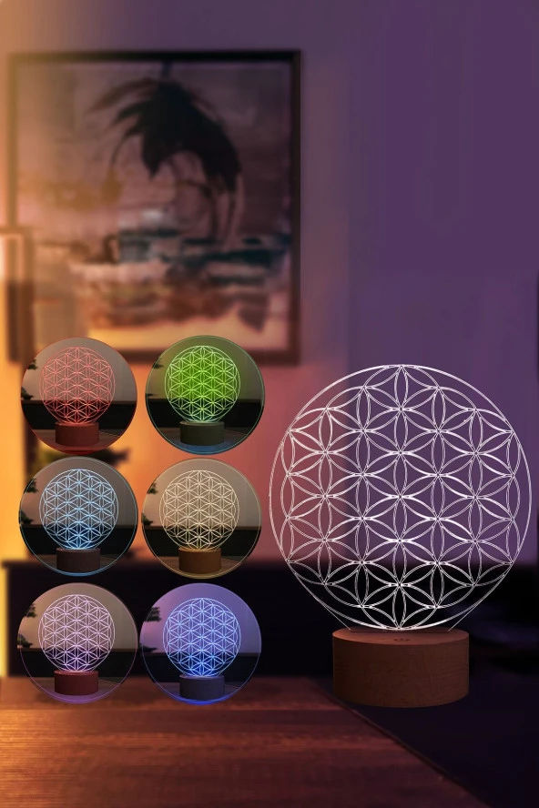 BY-LAMP Yaşam Çiçeği Figürlü Dekoratif Hediye Led Masa Lambası | 7 Işık Rengi | Ahşap Taban - 2