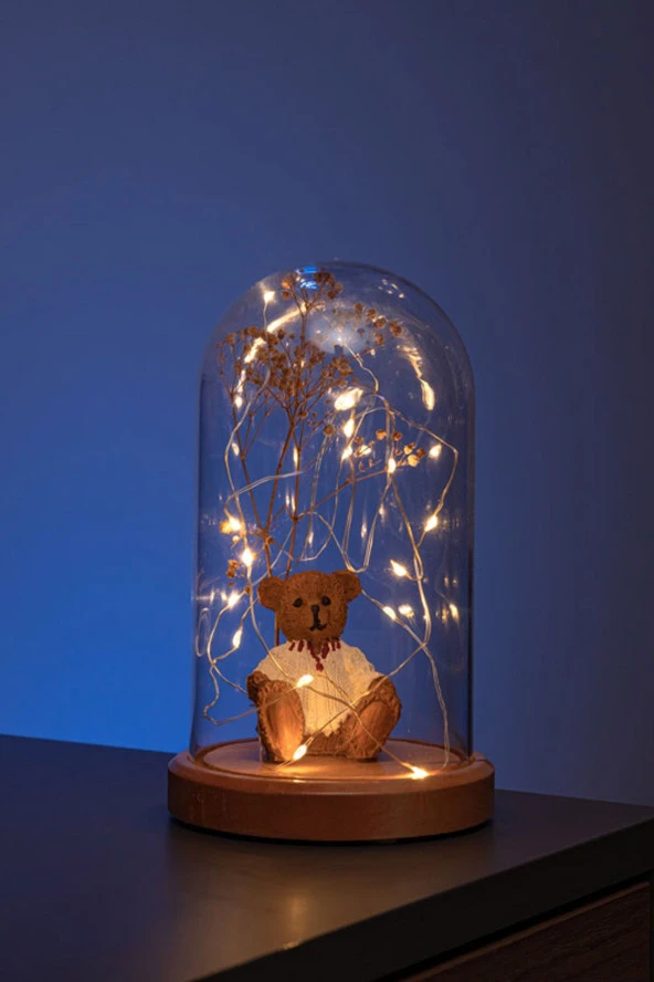 BY-LAMP Işıklı Fanus Ayı Ve Çiçek Figürlü Lamba Çocuk Odası Hediyesi Gece Lambası Ahşap Taban - Resim 3