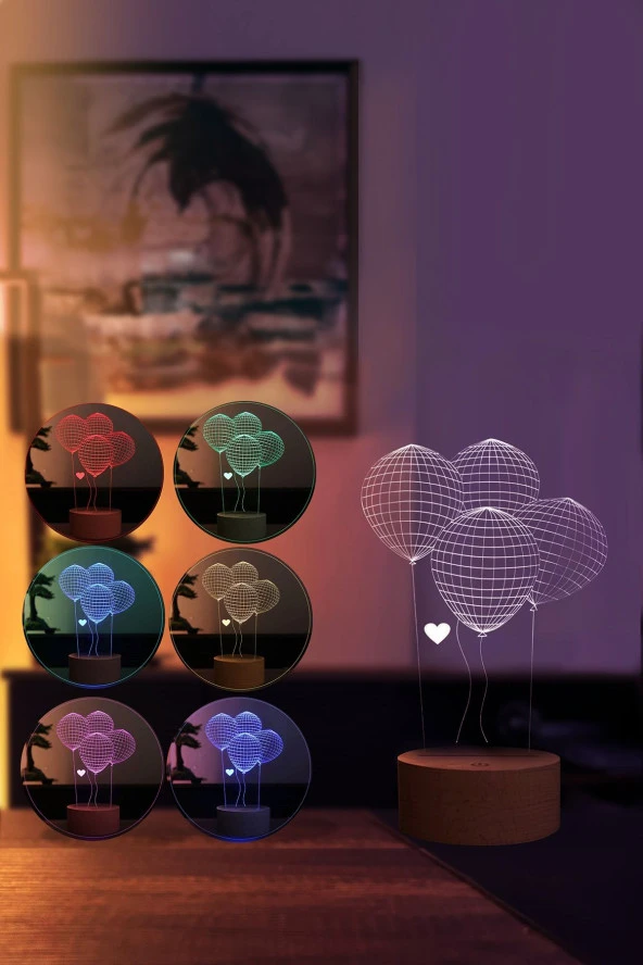 BY-LAMP Balon Figürlü Dekoratif Hediye Led Masa Lambası | 7 Işık Rengi | Ahşap Taban - Resim 2