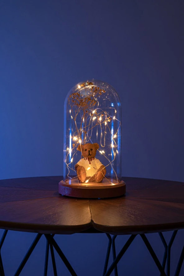 BY-LAMP Işıklı Fanus Ayı Ve Çiçek Figürlü Lamba Çocuk Odası Hediyesi Gece Lambası Ahşap Taban - Resim 2