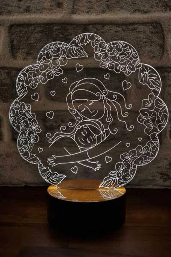 BY-LAMP Anneler Günü Hediyesi. Anne-kız Ve Kalp Figürlü Led Masa Lambası - Ahşap Taban