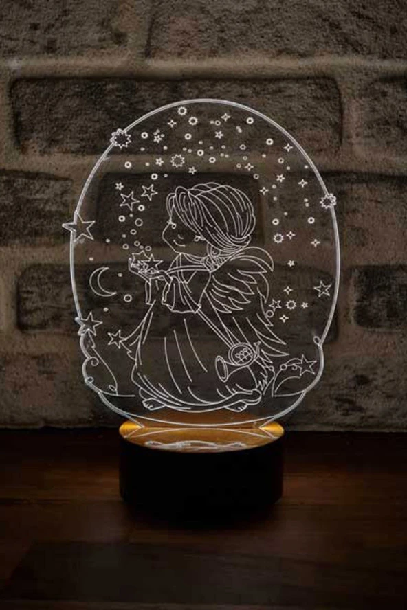 BY-LAMP Anneler Günü Hediyesi. Melek Ve Yıldız Figürlü Led Masa Lambası - Ahşap Taban ürün görseli 1