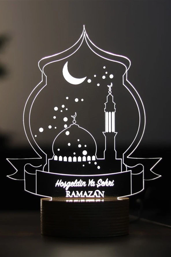 BY-LAMP Hoşgeldin Ya Şehr-i Ramazan Figürlü Dekoratif Hediye Led Masa Lambası | 7 Işık Rengi | Ahşap Taban