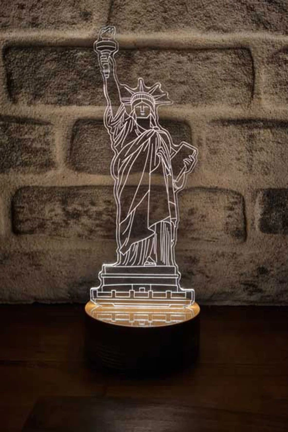 BY-LAMP Özgürlük Heykeli Figürlü Dekoratif Hediye Led Masa Lambası | 7 Işık Rengi | Ahşap Taban