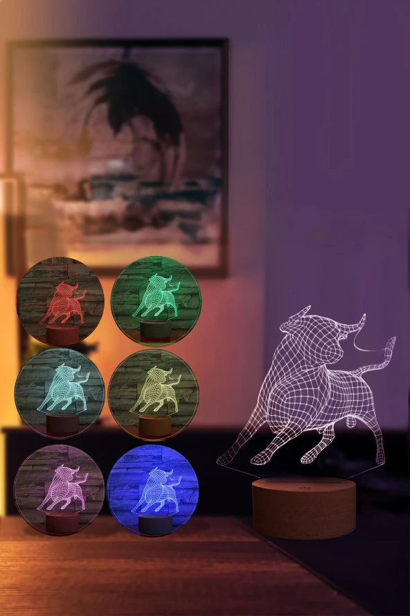 BY-LAMP Boğa Figürlü Dekoratif Hediye Led Masa Lambası | 7 Işık Rengi | Ahşap Taban - Resim 2