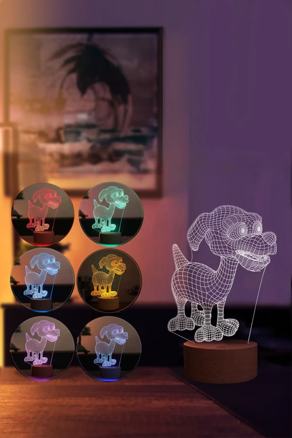 BY-LAMP Şirin Minik Köpek Figürlü Dekoratif Hediye Led Masa Lambası | 7 Işık Rengi | Ahşap Taban - Resim 2