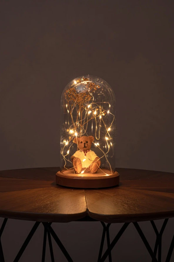 BY-LAMP Işıklı Fanus Ayı Ve Çiçek Figürlü Lamba Çocuk Odası Hediyesi Gece Lambası Ahşap Taban - Resim 4