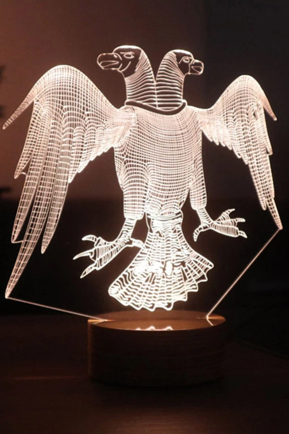 BY-LAMP Çift Başlı Kartal Figürlü Dekoratif Hediye Led Masa Lambası | 7 Işık Rengi | Ahşap Taban ürün görseli 1