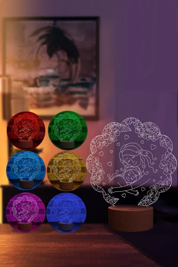 BY-LAMP Anneler Günü Hediyesi. Anne-kız Ve Kalp Figürlü Led Masa Lambası - Ahşap Taban - 2