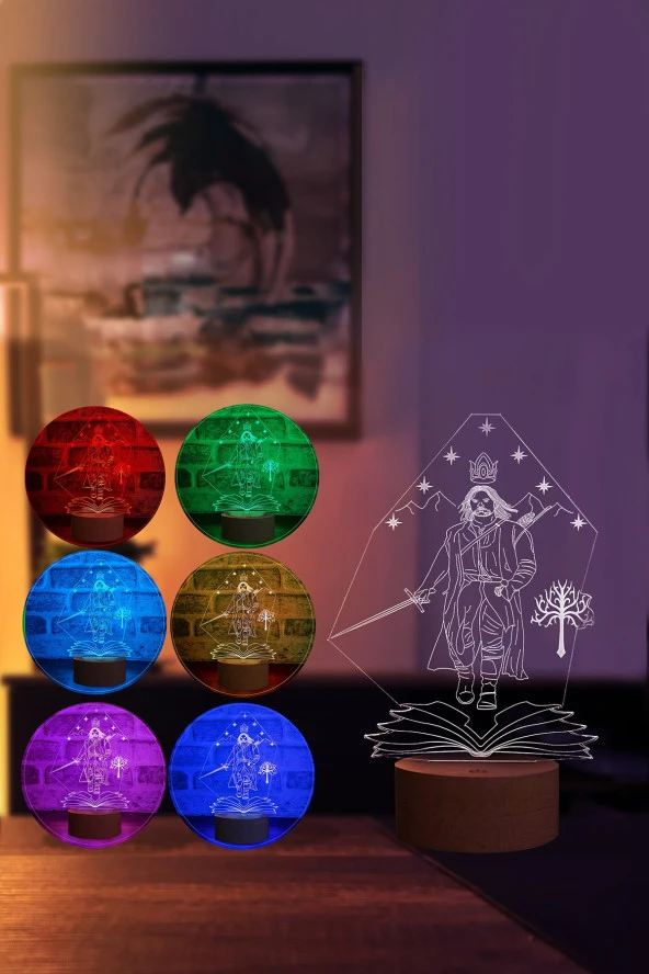 BY-LAMP Yüzüklerin Efendisi Aragorn Figürlü Dekoratif Hediye Led Masa Lambası | 7 Işık Rengi | Ahşap Taban - 2