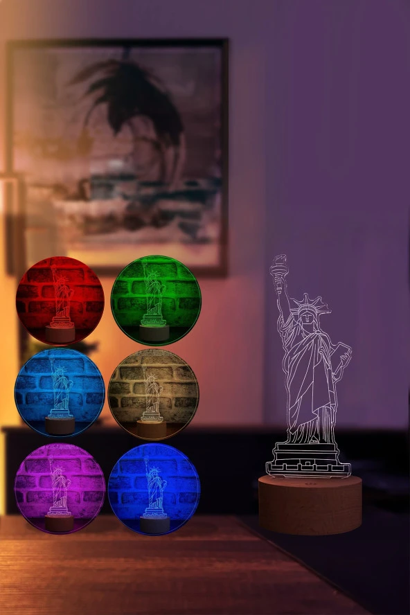 BY-LAMP Özgürlük Heykeli Figürlü Dekoratif Hediye Led Masa Lambası | 7 Işık Rengi | Ahşap Taban - 2