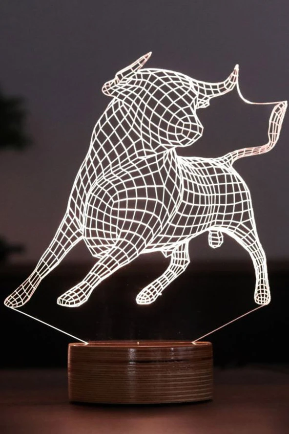 BY-LAMP Boğa Figürlü Dekoratif Hediye Led Masa Lambası | 7 Işık Rengi | Ahşap Taban ürün görseli 1