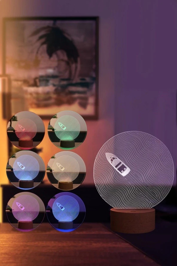 BY-LAMP Sürat Teknesi Figürlü Dekoratif Hediye Led Masa Lambası | 7 Işık Rengi | Ahşap Taban - Resim 2