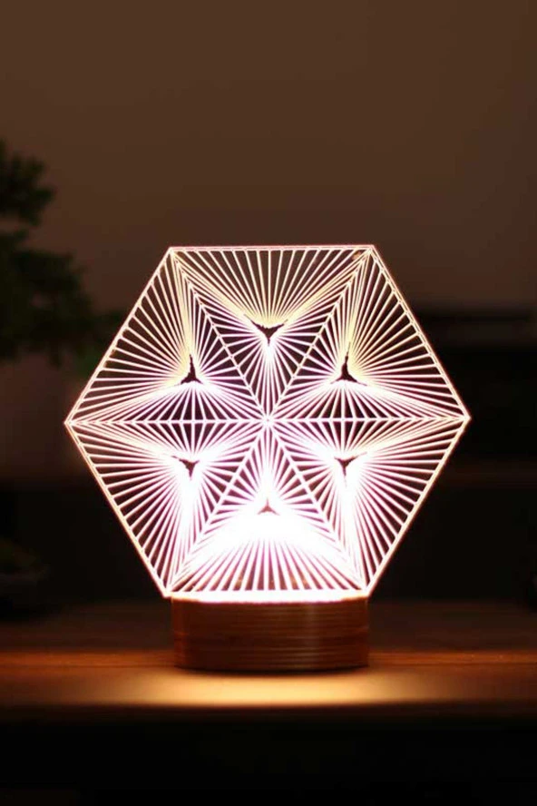 BY-LAMP Yıldız Illüzyon Figürlü Dekoratif Hediye Led Masa Lambası | 7 Işık Rengi | Ahşap Taban