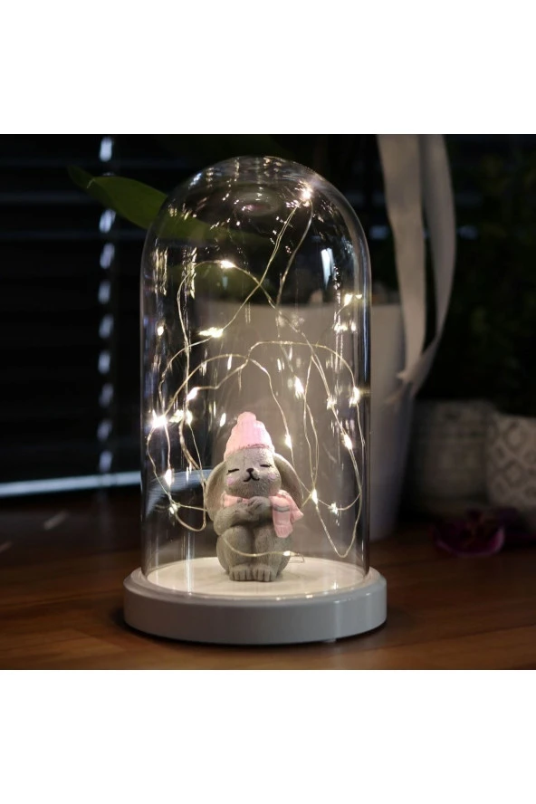 BY-LAMP Işıklı Fanus Pembe Şapkalı Tavşan Figürlü Lamba Çocuk Odası Gece Lambası