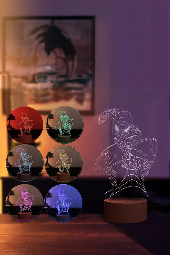 BY-LAMP Spiderman Figürlü Dekoratif Hediye Led Masa Lambası | 7 Işık Rengi | Ahşap Taban - Resim 2
