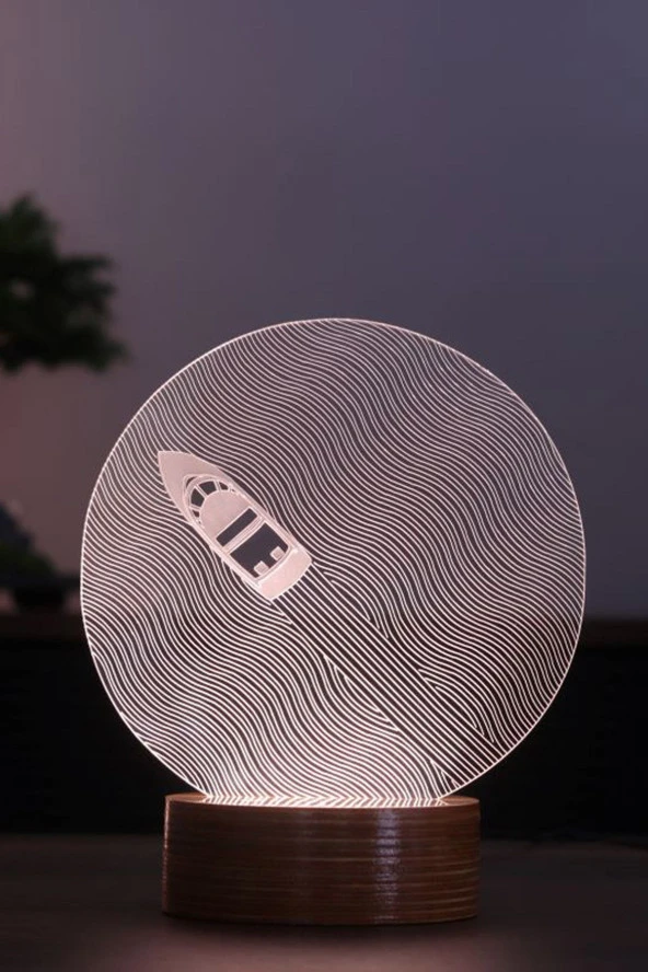 BY-LAMP Sürat Teknesi Figürlü Dekoratif Hediye Led Masa Lambası | 7 Işık Rengi | Ahşap Taban ürün görseli 1