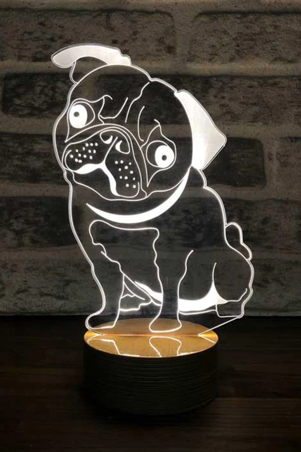 BY-LAMP Pug Köpek Figürlü Dekoratif Hediye Led Masa Lambası | 7 Işık Rengi | Ahşap Taban